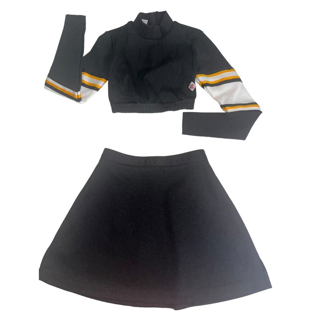 Varsity Cheerleader Uniform Crop Top 30" Skirt 24" Teen Black Gold White Outfit